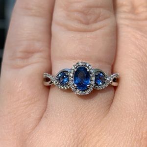 LeVian 3 Stone Blueberry Sapphire & Diamond ring in 14K Vanilla White Gold 7.5